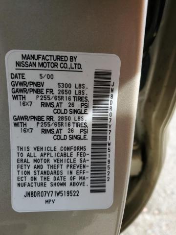 JN8DR07Y71W519522 - 2001 NISSAN PATHFINDER LE ბეჟი ფოტო 12