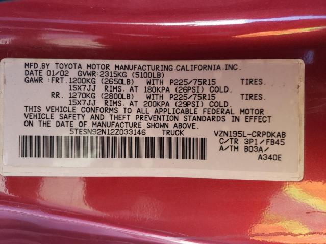 5TESN92N12Z033146 - 2002 TOYOTA TACOMA XTRACAB PRERUNNER RED photo 12