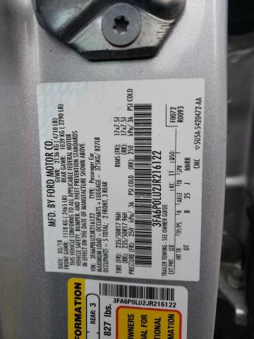 3FA6P0LU2JR216122 - 2018 FORD FUSION SE HYBRID SILVER photo 12