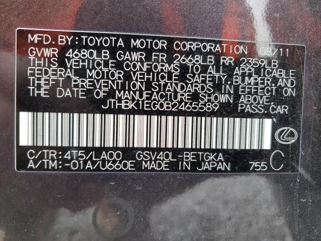 JTHBK1EG0B2465589 - 2011 LEXUS ES 350 BLACK photo 12