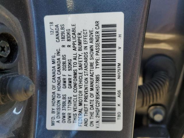 2HGFC2F85KH517885 - 2019 HONDA CIVIC SPORT GRAY photo 12