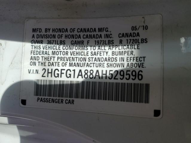 2HGFG1A88AH529596 - 2010 HONDA CIVIC EX WHITE photo 12