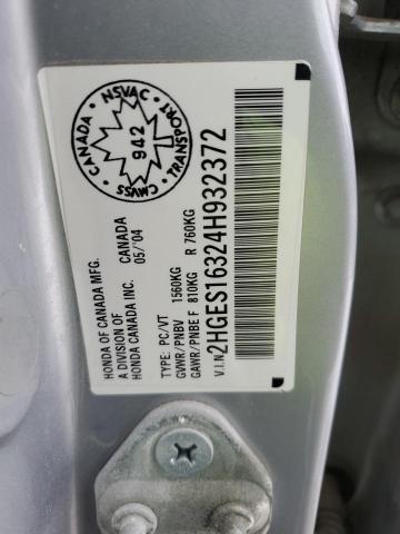 2HGES16324H932372 - 2004 HONDA CIVIC DX VP ვერცხლისფერი ფოტო 12