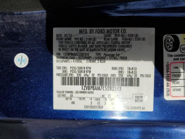 1ZVBP8AM7C5282243 - 2012 FORD MUSTANG BLUE photo 13