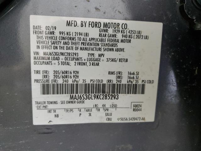 MAJ6S3GL9KC285293 - 2019 FORD ECOSPORT SE Сұр фото 12