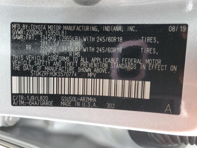 5TDKZRFH0KS570774 - 2019 TOYOTA HIGHLANDER SE SILVER photo 14