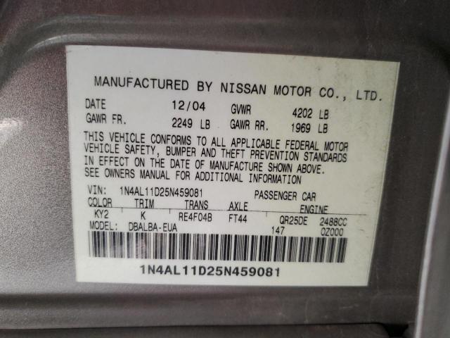 1N4AL11D25N459081 - 2005 NISSAN ALTIMA S GRAY photo 12