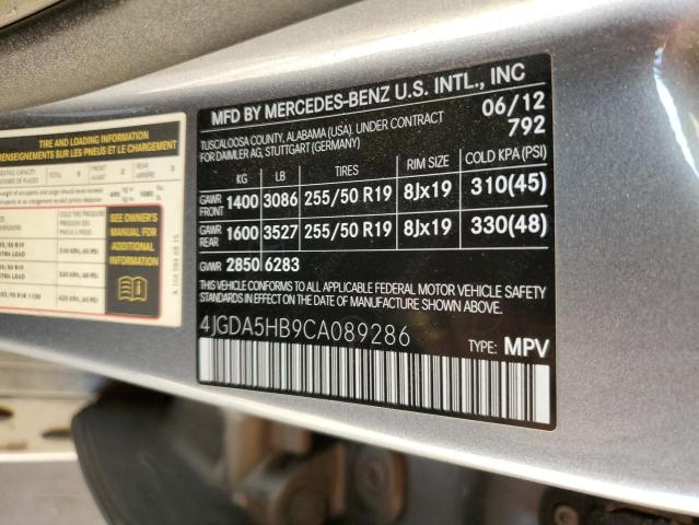 4JGDA5HB9CA089286 - 2012 MERCEDES-BENZ ML 350 4MATIC GRAY photo 12