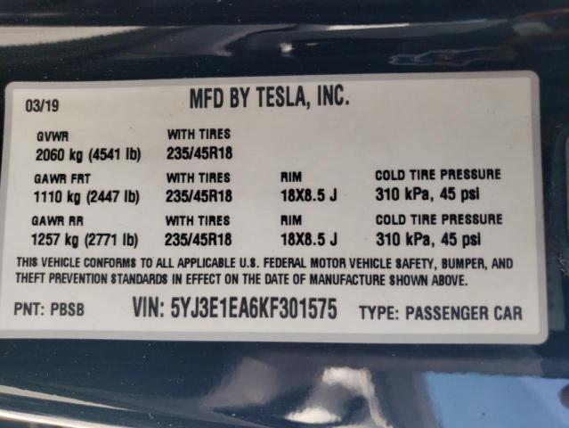 5YJ3E1EA6KF301575 - 2019 TESLA MODEL 3 Siyah fotoğraf 12