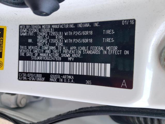 5TDJKRFH3GS247939 - 2016 TOYOTA HIGHLANDER XLE WHITE photo 13