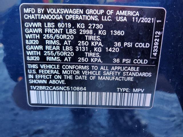 1V2BR2CA5NC510864 - 2022 VOLKSWAGEN ATLAS SEL BLUE photo 14