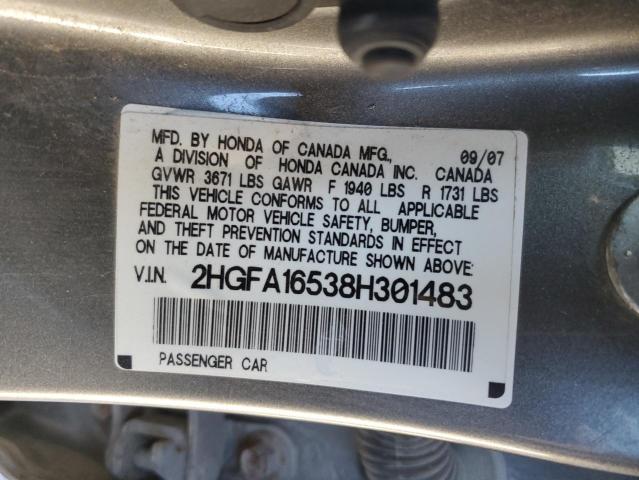 2HGFA16538H301483 - 2008 HONDA CIVIC LX GRAY photo 12