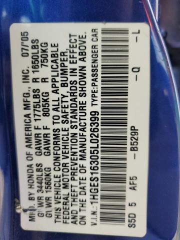 1HGES16305L026399 - 2005 HONDA CIVIC DX VP ლურჯი ფოტო 12