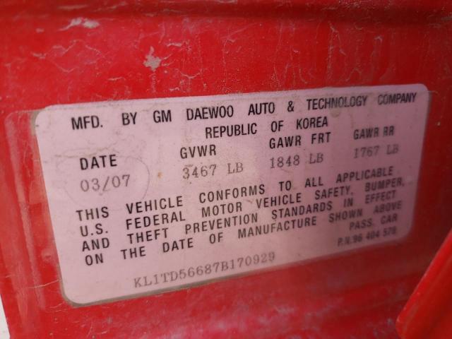 KL1TD56687B170929 - 2007 CHEVROLET AVEO BASE RED photo 10