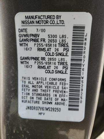 JN8DR07Y61W529250 - 2001 NISSAN PATHFINDER LE ოქროსფერი ფოტო 12