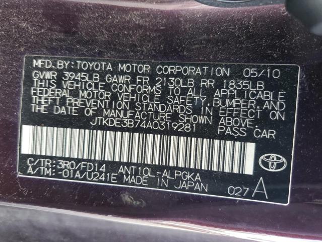 JTKDE3B74A0319281 - 2010 TOYOTA SCION TC BURGUNDY photo 12