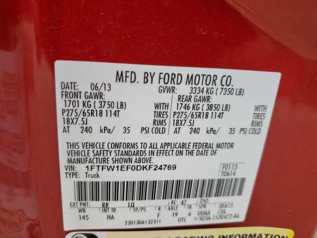 1FTFW1EF0DKF24769 - 2013 FORD F150 SUPERCREW RED photo 12