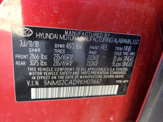 5NMS2CAD9KH011667 - 2019 HYUNDAI SANTA FE SE RED photo 12