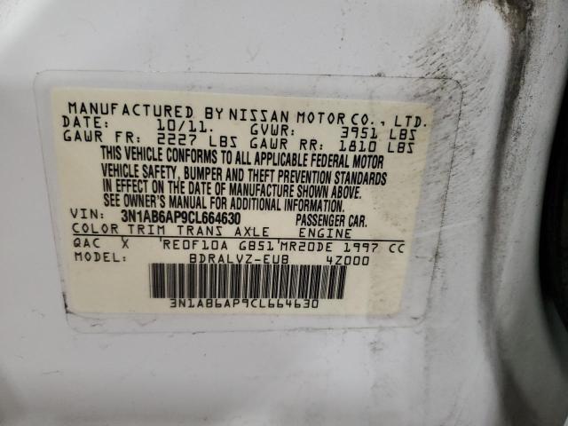 3N1AB6AP9CL664630 - 2012 NISSAN SENTRA 2.0 WHITE photo 12