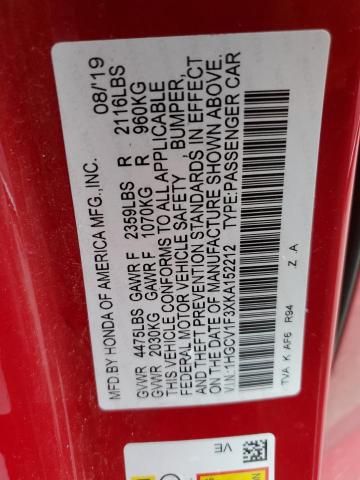 1HGCV1F3XKA152212 - 2019 HONDA ACCORD SPORT RED photo 12