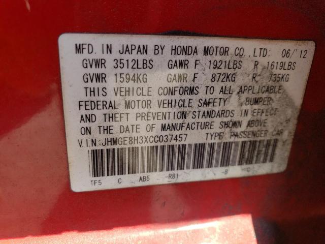 JHMGE8H3XCC037457 - 2012 HONDA FIT RED photo 12