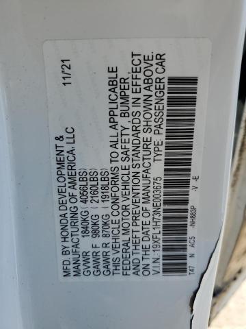 19XFL1H73NE003675 - 2022 HONDA CIVIC EXL WHITE photo 12