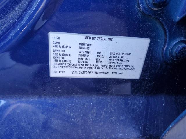 5YJYGDEE1MF079969 - 2021 TESLA MODEL Y BLUE photo 12