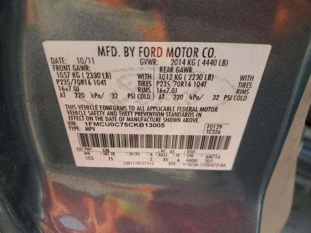 1FMCU0C75CKB13005 - 2012 FORD ESCAPE XLS GRAY photo 13