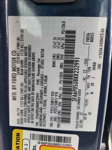 3FA6P0SU8KR232991 - 2019 FORD FUSION TITANIUM BLUE photo 13