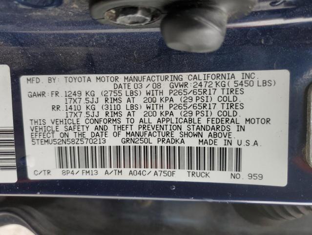 5TEMU52N58Z570213 - 2008 TOYOTA TACOMA DOUBLE CAB LONG BED BLUE photo 12