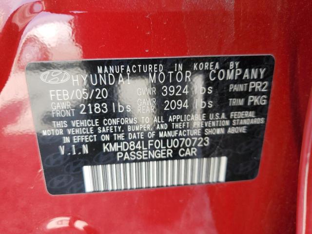 KMHD84LF0LU070723 - 2020 HYUNDAI ELANTRA SEL RED photo 12