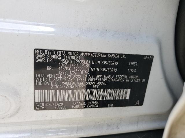 2T3C1RFV4MW150681 - 2021 TOYOTA RAV4 XLE PREMIUM WHITE photo 13