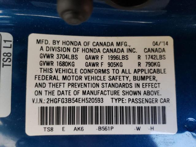 2HGFG3B54EH520593 - 2014 HONDA CIVIC LX BLUE photo 12