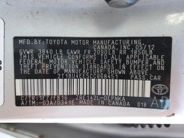 2T1BU4EE5CC868451 - 2012 TOYOTA COROLLA BASE SILVER photo 12