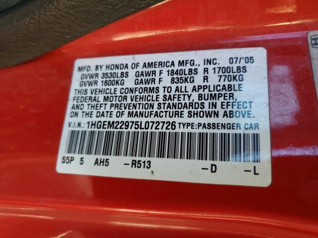 1HGEM22975L072726 - 2005 HONDA CIVIC EX RED photo 12