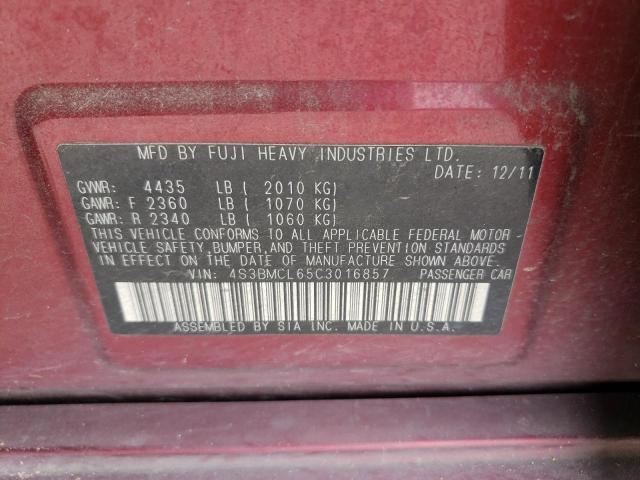 4S3BMCL65C3016857 - 2012 SUBARU LEGACY 2.5I LIMITED RED photo 12