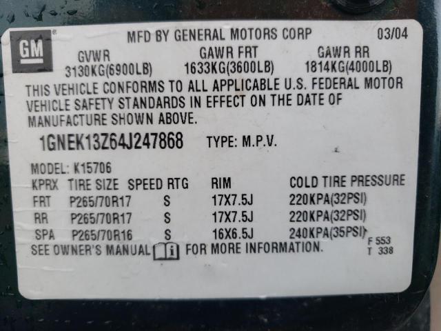 1GNEK13Z64J247868 - 2004 CHEVROLET TAHOE K1500 GREEN photo 12