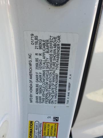 1HGCV1F47KA039987 - 2019 HONDA ACCORD EX WHITE photo 12