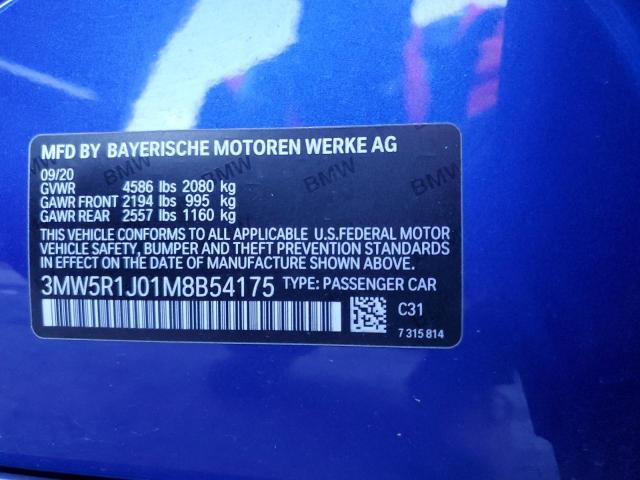 3MW5R1J01M8B54175 - 2021 BMW 330I BLUE photo 12