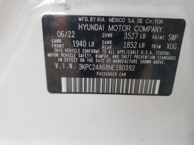 3KPC24A68NE180392 - 2022 HYUNDAI ACCENT SE WHITE photo 12