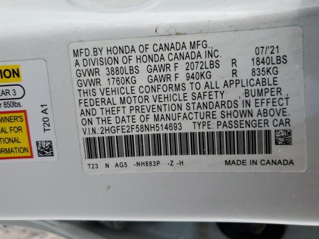 2HGFE2F58NH514693 - 2022 HONDA CIVIC SPOR WHITE photo 12