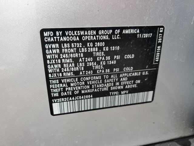 1V2ER2CA4JC542664 - 2018 VOLKSWAGEN ATLAS SEL SILVER photo 14
