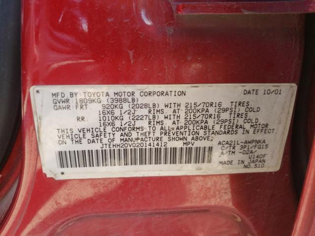 JTEHH20V020141412 - 2002 TOYOTA RAV4 RED photo 12