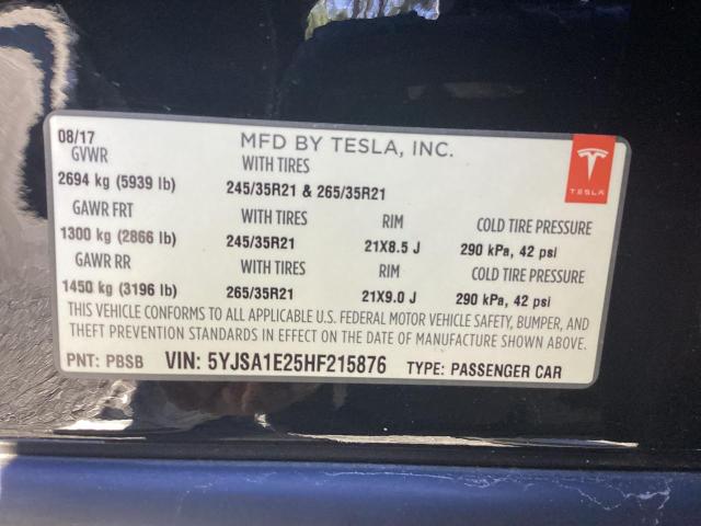 5YJSA1E25HF215876 - 2017 TESLA MODEL S შავი ფოტო 10