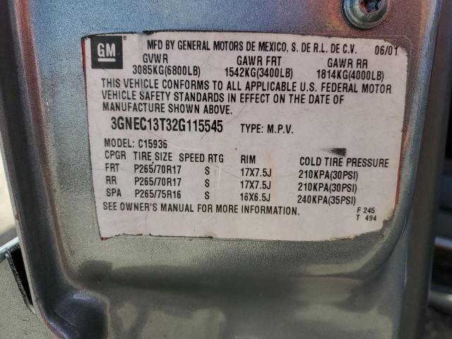 3GNEC13T32G115545 - 2002 CHEVROLET AVALANCHE C1500 GRAY photo 12