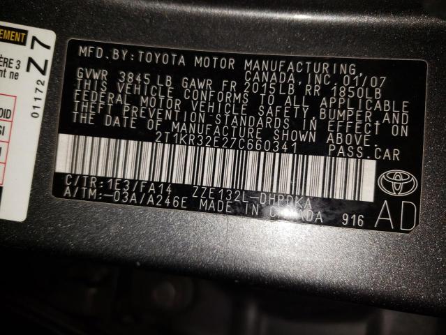 2T1KR32E27C660341 - 2007 TOYOTA COROLLA MA XR GRAY photo 12