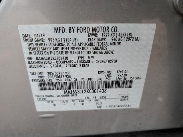 MAJ6S3JL2KC301438 - 2019 FORD ECOSPORT SES SILVER photo 12