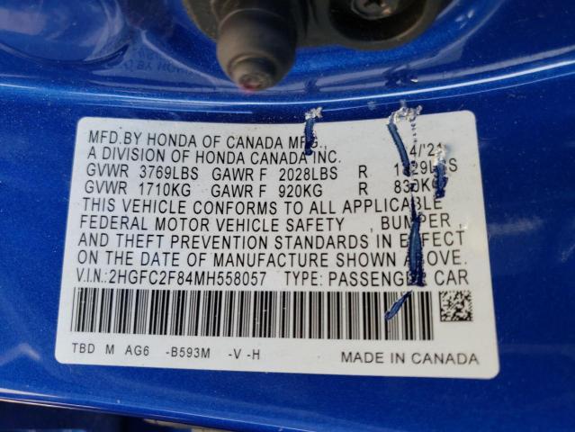 2HGFC2F84MH558057 - 2021 HONDA CIVIC SPORT 蓝色 照片 12