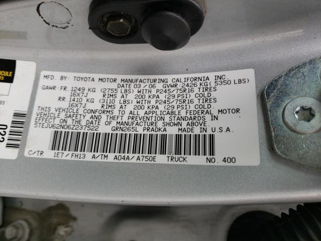 5TEJU62N06Z237522 - 2006 TOYOTA TACOMA DOUBLE CAB PRERUNNER SILVER photo 12