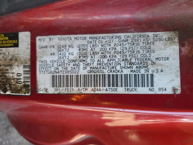 5TETU62N47Z385022 - 2007 TOYOTA TACOMA PRERUNNER ACCESS CAB RED photo 12